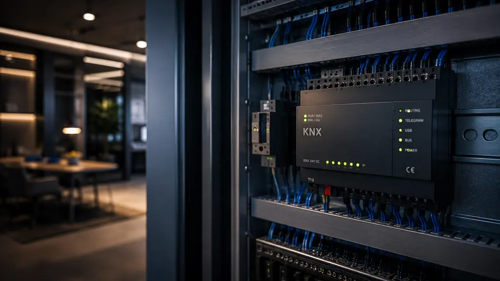 KNX-Aktoren auf einer Hutschiene in einem Schaltschrank mit grüner Busleitung