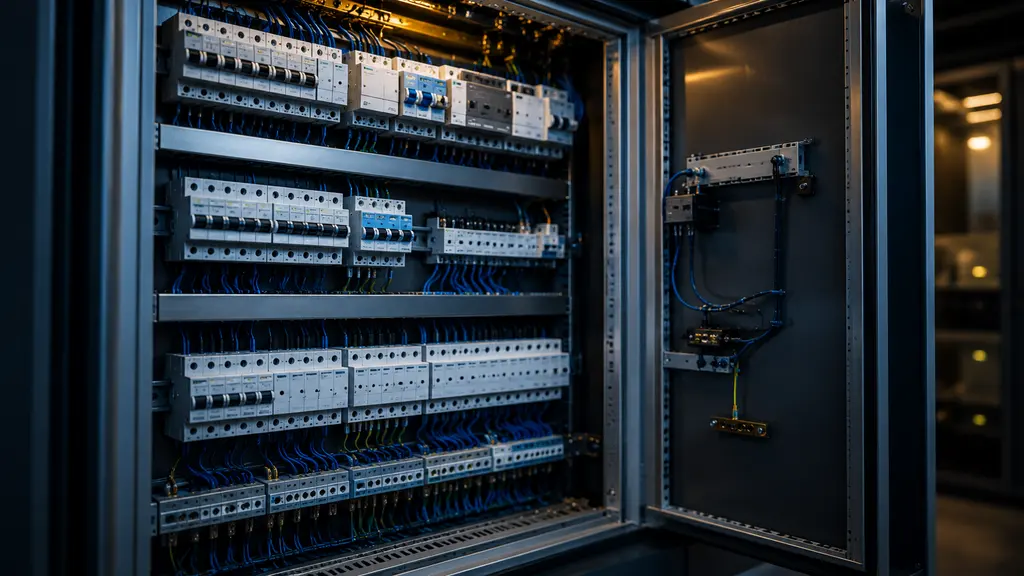 Geöffneter Zählerschrank mit Sicherungsautomaten, Fehlerstromschutzschaltern und Stromzähler