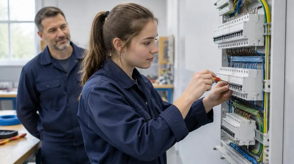 Auszubildende verdrahtet eine Unterverteilung in der Lehrwerkstatt, ein Ausbilder schaut im Hintergrund zu
