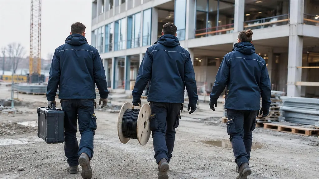 Drei Monteure mit Werkzeugkoffer und Kabeltrommel auf dem Weg über eine Baustelle