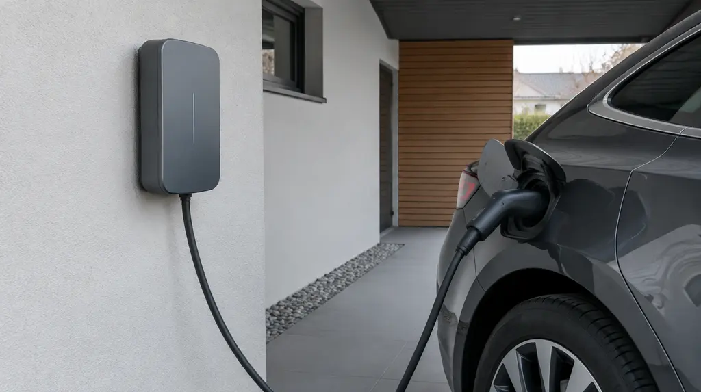 Wallbox an der Hauswand neben dem Carport, ein Elektroauto lädt