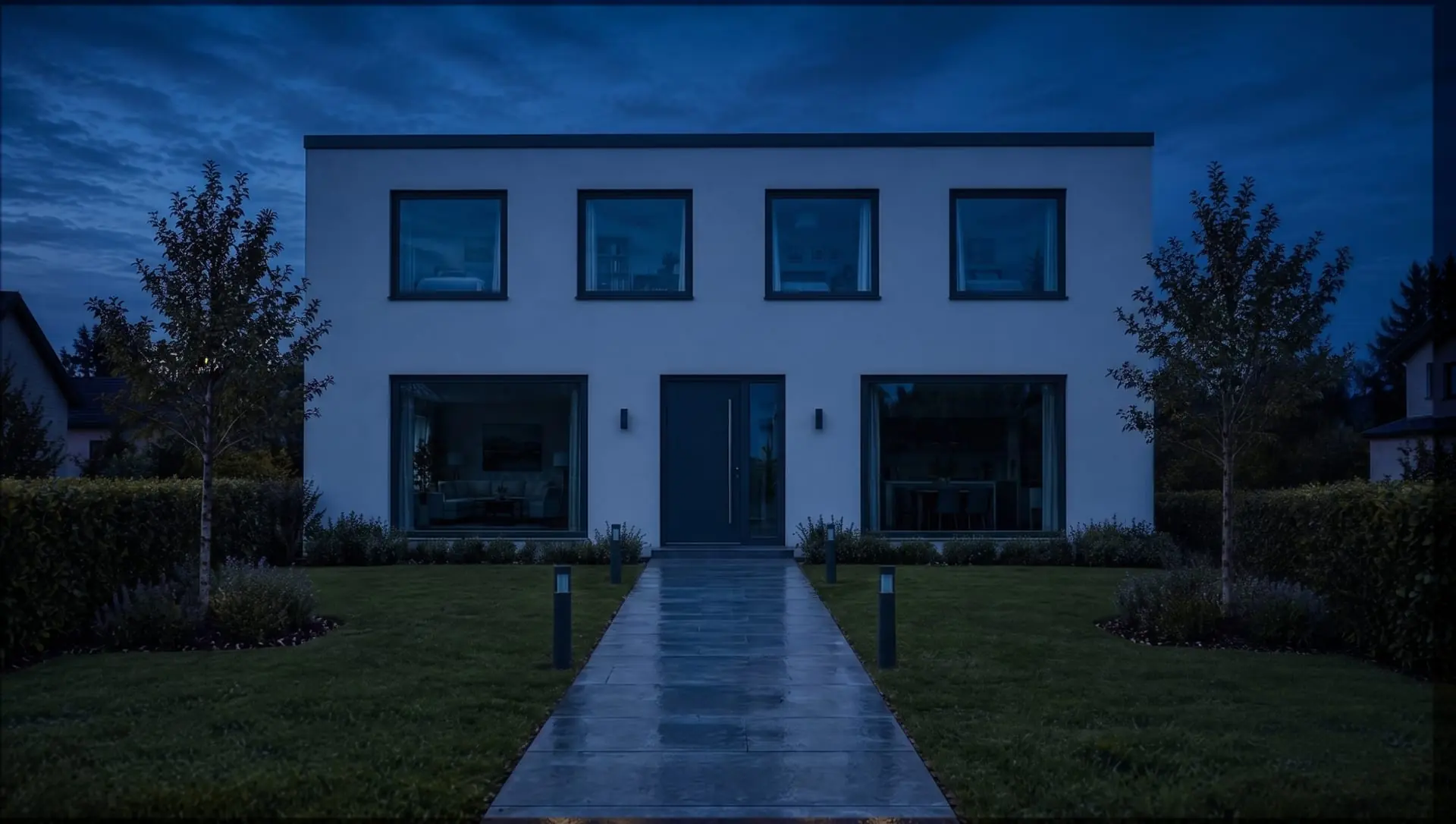 Modernes Einfamilienhaus am Abend: Strom läuft über die Fassade, nacheinander gehen Fenster, Wandleuchten und Gartenlicht an