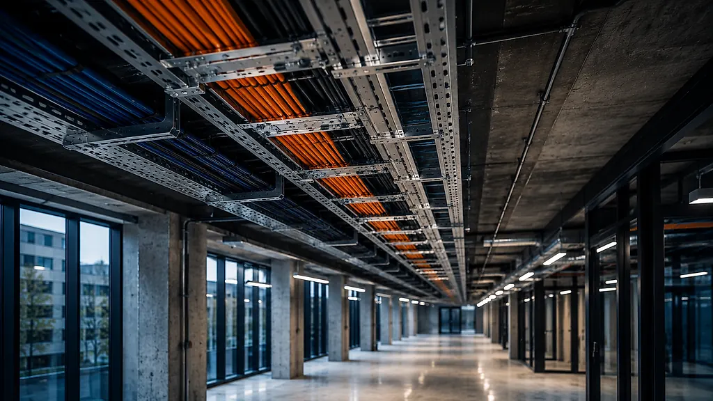Kabeltrassen mit sauber geführten Leitungen unter der Decke eines modernen Bürogebäudes