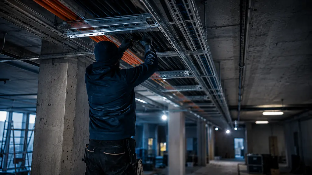 Elektroinstallateur montiert Leitungen in einer Kabeltrasse unter der Rohbaudecke
