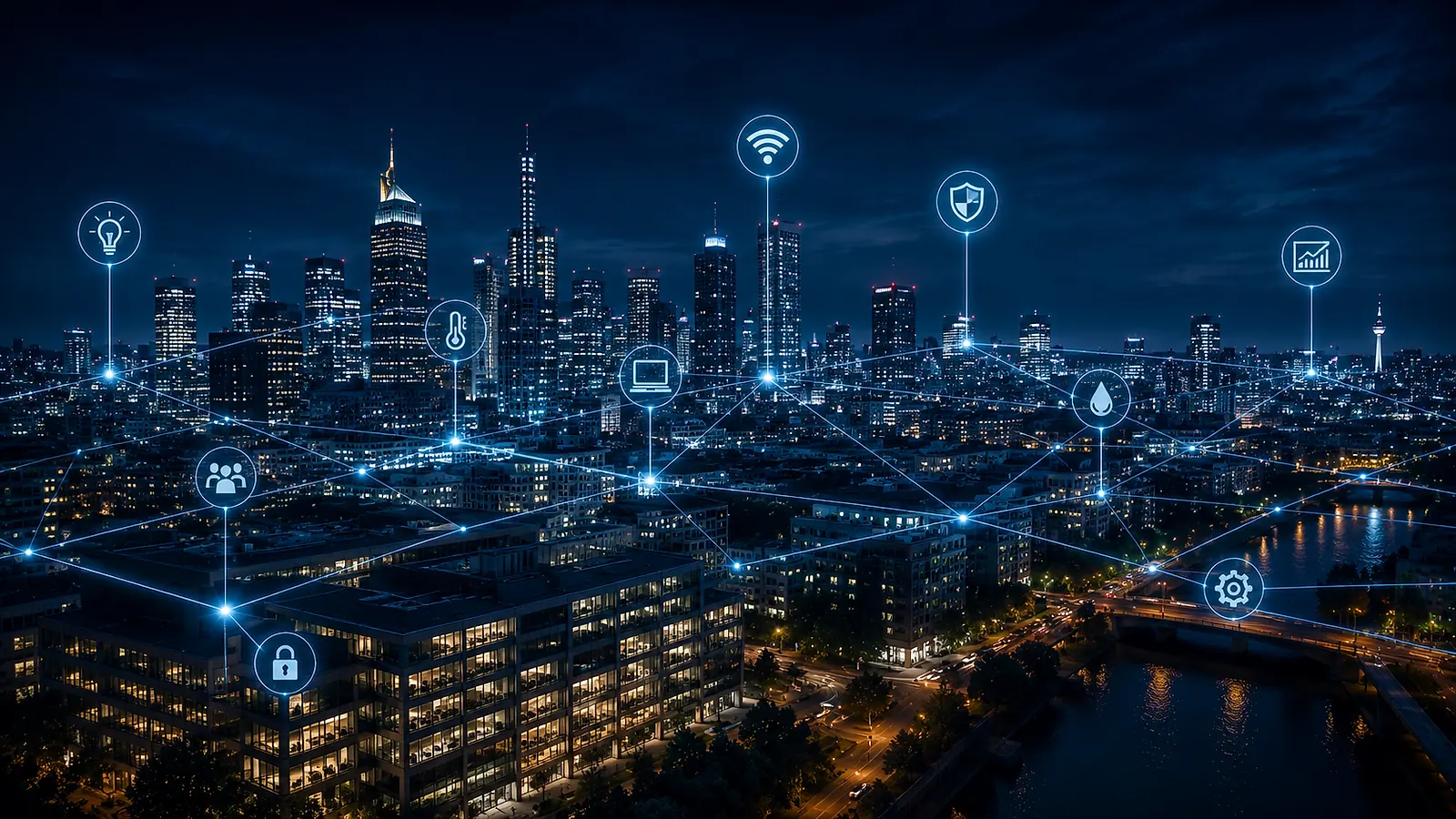 Stadtsilhouette am Abend mit eingeblendeten Symbolen für vernetzte Gebäudetechnik